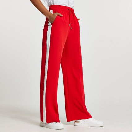 RIVER ISLAND Red wide leg side stripe trousers ~ sports style drawstring pants