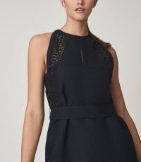 REISS RHONA EMBROIDERED MINI DRESS NAVY ~ dark blue summer occasion dresses with detailed embroidery