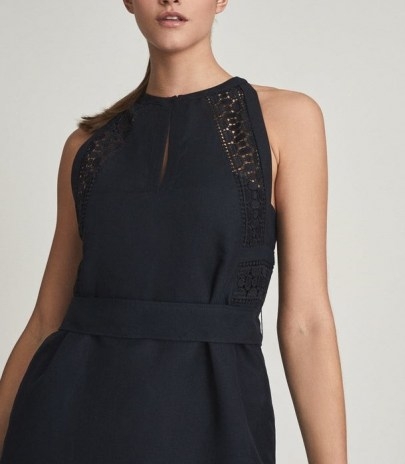 REISS RHONA EMBROIDERED MINI DRESS NAVY ~ dark blue summer occasion dresses with detailed embroidery - flipped