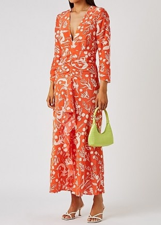 RIXO Rose printed silk crepe de chine maxi dress / orange underwater print front ruffle dresses / bright summer occasionwear