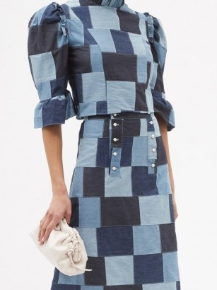 BATSHEVA Ruffled patchwork-denim cropped top | prairie style crop tops with ruffled high neck and puffed sleeves