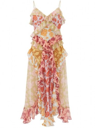ZIMMERMANN Ruffled rose-print silk-chiffon midi dress – skinny strap ruffle trim summer dresses