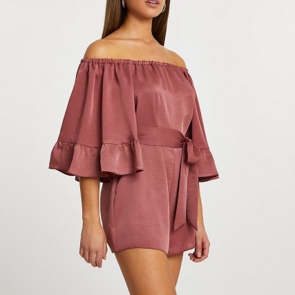 River Island Rust frill sleeve bardot playsuit – frilled off the shoulder playsuits - flipped