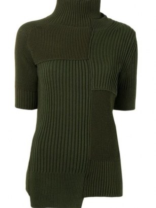 Sacai cut-out detail roll neck jumper ~ asymmetric khaki green short sleeve jumpers