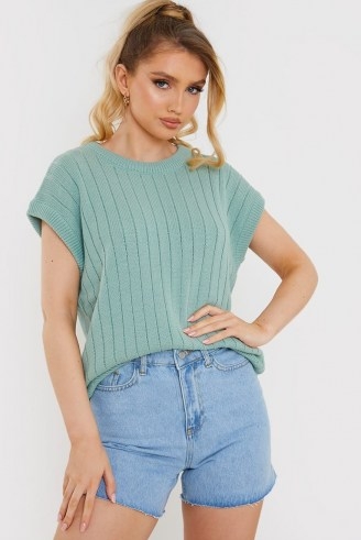 IN THE STYLE SAFFRON BARKER SAGE RIB KNIT SLEEVELESS JUMPER ~ celebrity green ribbed jumpers - flipped