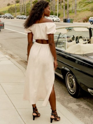 Reformation Sandalwood Linen Skirt Cream | high side slit summer skirts - flipped