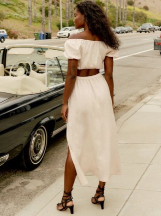 Reformation Sandalwood Linen Skirt Cream | high side slit summer skirts