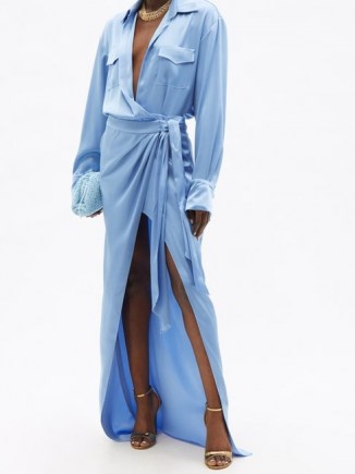 DAVID KOMA Blue satin wrap maxi dress | evening glamour