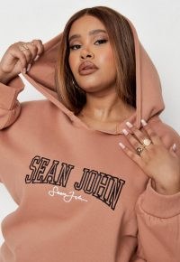 sean john x missguided plus size tan graphic hoodie ~ brown logo print pullover hoodies