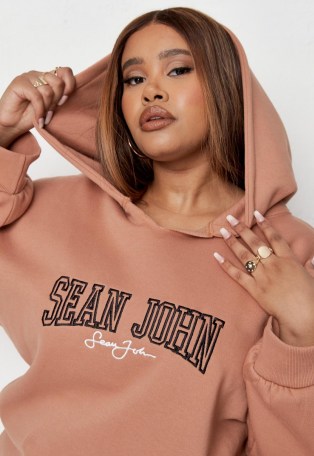 sean john x missguided plus size tan graphic hoodie ~ brown logo print pullover hoodies
