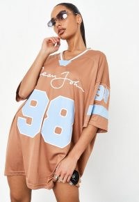 sean john x missguided tan american football mini dress ~ brown drop shoulder t-shirt dresses
