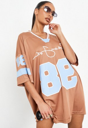 sean john x missguided tan american football mini dress ~ brown drop shoulder t-shirt dresses - flipped