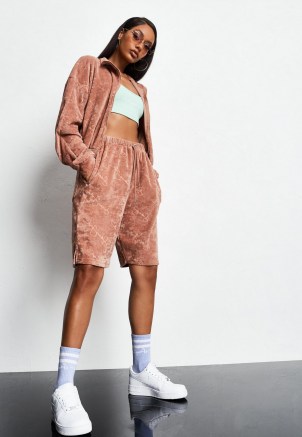 sean john x missguided tan velour repeat signature script tracksuit top ~ brown soft feel zip front sports tops - flipped