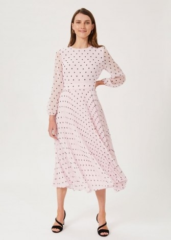 HOBBS SELENA SPOT PLEATED DRESS / pale pink long sleeve fit and flare dresses / summer occasionwear - flipped