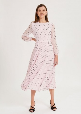 HOBBS SELENA SPOT PLEATED DRESS / pale pink long sleeve fit and flare dresses / summer occasionwear
