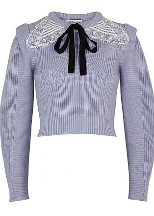 SELF-PORTRAIT Lilac lace-trimmed cotton-blend jumper