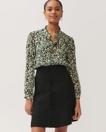 JIGSAW SHADOW DITSY CRINKLE TOP ~ green floral ruffle trim blouses