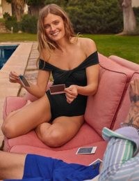 BODEN Sicily Bardot Swimsuit / chic black ruched swimsuits / off the shoulder one-piece / glamour by the pool