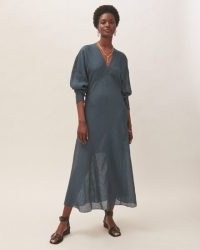 JIGSAW SILK LINEN CHECKED MIDI DRESS / blue bias cut dresses