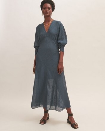 JIGSAW SILK LINEN CHECKED MIDI DRESS / blue bias cut dresses - flipped