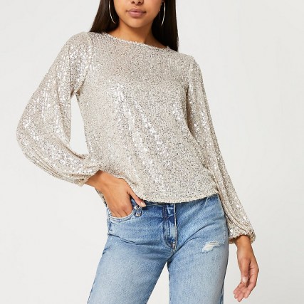 RIVER ISLAND Silver long sleeve sequin top / sparkly sequinned tops - flipped