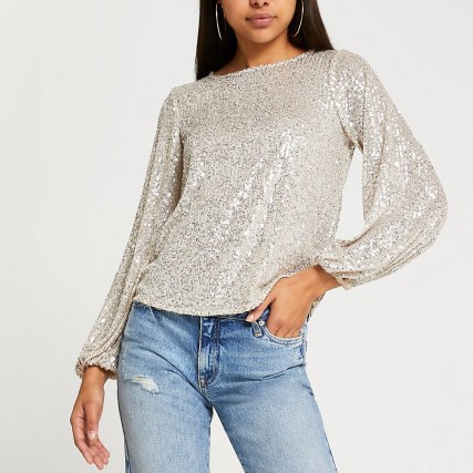 RIVER ISLAND Silver long sleeve sequin top / sparkly sequinned tops