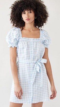 Sleeper Brigitte Linen Mini Dress In Blue Vichy | gingham puff sleeve summer dresses