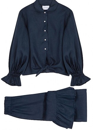 SLEEPER Rumba ruffle-trimmed linen pyjama set – navy blue ruffled pyjamas – frill trim PJs