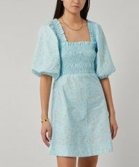 GANNI Smocked Bodice Mini-Dress / floral organic cotton puff sleeve dresses