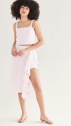 Sokie Collective Ruffle Midi Skirt Pink Gingham | check print thigh high slit skirts - flipped