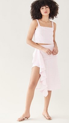 Sokie Collective Ruffle Midi Skirt Pink Gingham | check print thigh high slit skirts