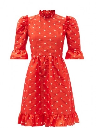 BATSHEVA Spring floral-embroidered silk-taffeta dress | vintage style fashion | red ruffle trim prairie style dresses - flipped