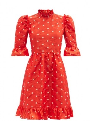 BATSHEVA Spring floral-embroidered silk-taffeta dress | vintage style fashion | red ruffle trim prairie style dresses