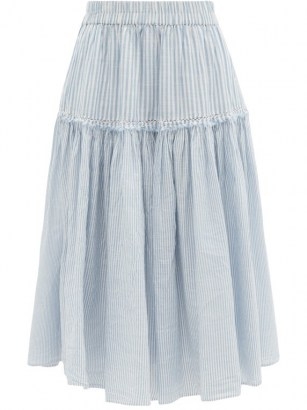LOVESHACKFANCY Stefana striped cotton-voile midi skirt | blue and white stripe summer skirts - flipped