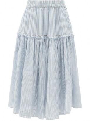 LOVESHACKFANCY Stefana striped cotton-voile midi skirt | blue and white stripe summer skirts