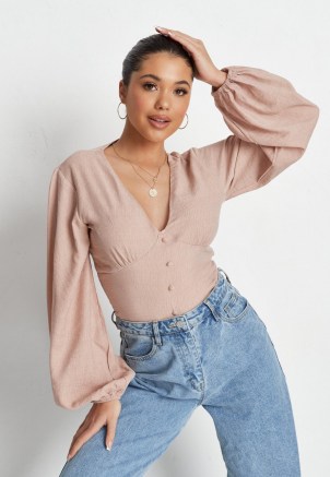 Missguided stone linen look button front balloon sleeve bodysuit | volume sleeved bodysuits - flipped