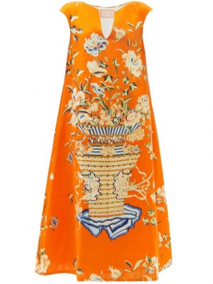 MARTA FERRI Stresa floral-print linen-twill trapeze dress / orange bold print dresses - flipped
