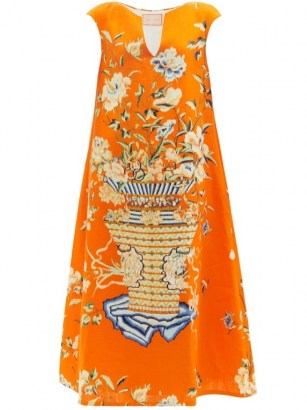 MARTA FERRI Stresa floral-print linen-twill trapeze dress / orange bold print dresses