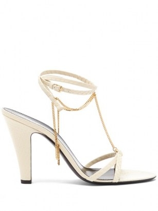SAINT LAURENT Sue chain-embellished leather sandals / cream snake effect strappy high cone shaped heels - flipped