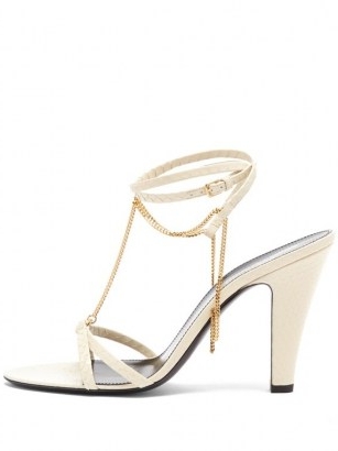 SAINT LAURENT Sue chain-embellished leather sandals / cream snake effect strappy high cone shaped heels