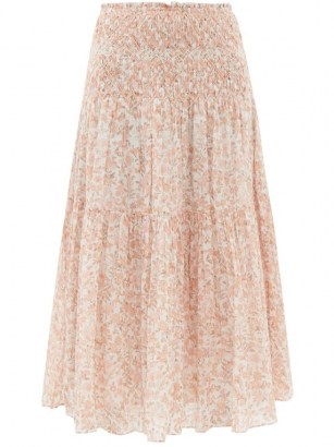 LOVESHACKFANCY Swift floral-print cotton-voile midi skirt | pink shirred summer skirts - flipped