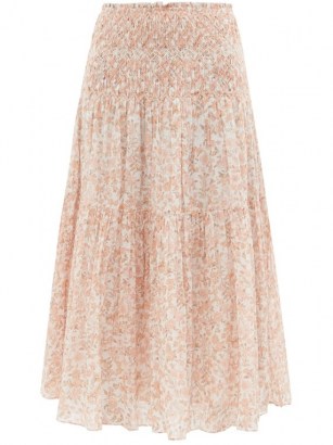 LOVESHACKFANCY Swift floral-print cotton-voile midi skirt | pink shirred summer skirts