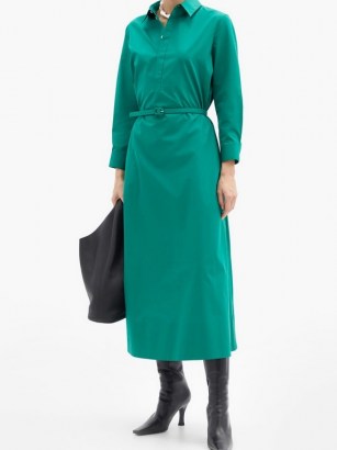THE ROW Tanita belted cotton shirt dress ~ green collared dresses - flipped