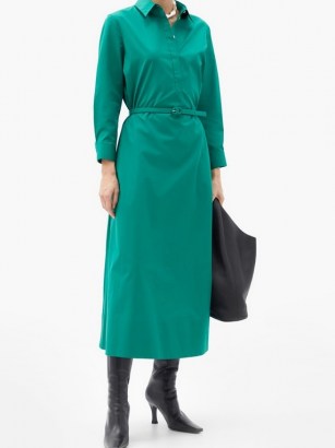THE ROW Tanita belted cotton shirt dress ~ green collared dresses