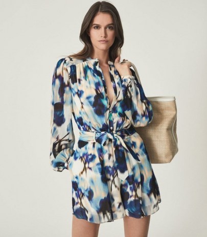 REISS TATE PRINTED PLAYSUIT BLUE – chic tie waist platsuits - flipped