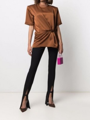The Attico gathered-detail T-shirt ~ brown structured gathered waist tee with shoulder pads