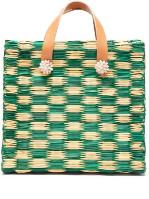 HEIMAT ATLANTICA Tom Tom large tote basket bag / green and beige woven bags / shell embellished summer accessories