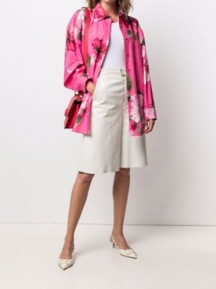 Valentino pink floral-print belted coat – cotton curved hem shirt-style coats – bright shackets - flipped