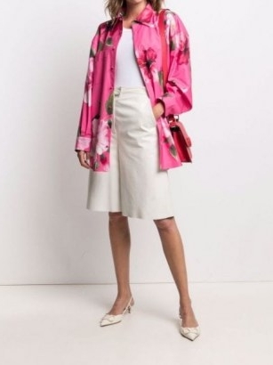 Valentino pink floral-print belted coat – cotton curved hem shirt-style coats – bright shackets