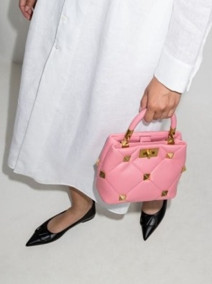Valentino Garavani small Roman Stud flamingo pink leather tote bag ~ luxe studded handbags